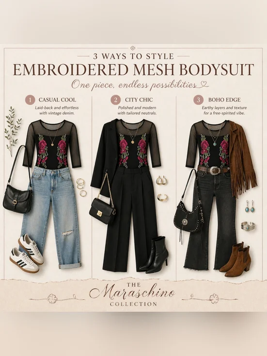 Iris Women's 3XL Juniors Long Sleeve Black Mesh Bodysuit Red Rose Embroidery - Picture 11 of 13